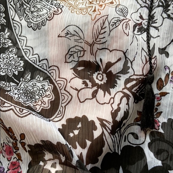 ONE WORLD Boho Peasant Semi Sheer Top Blouse MEDIUM Black White Pink Floral - Picture 10 of 13